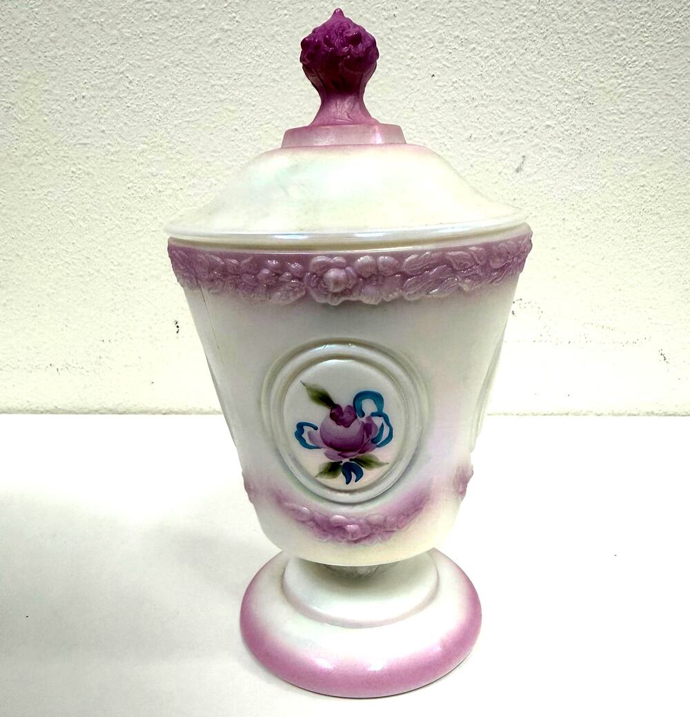 Vintage Fenton Art Glass "Roses" Candy Dish Jar Hand Painted by C. Smith Signed